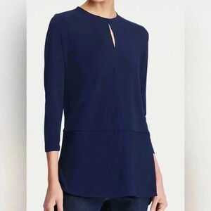 Lauren Ralph Lauren Navy rounded neckline blouse split seam hook & eye closure